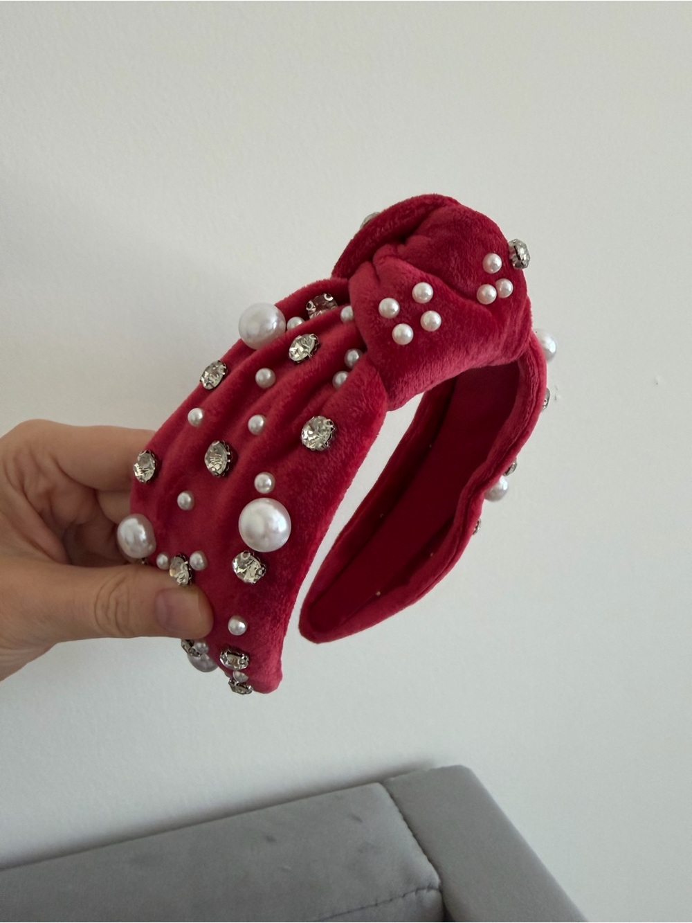 Embellished Red Pearl & Crystal Velvet Knot Headband